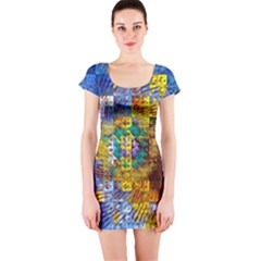 Sunflower Kaleidoscope Pattern Short Sleeve Bodycon Dress