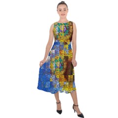 Sunflower Kaleidoscope Pattern Midi Tie-Back Chiffon Dress