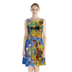 Sunflower Kaleidoscope Pattern Sleeveless Waist Tie Chiffon Dress