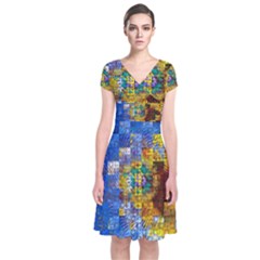 Sunflower Kaleidoscope Pattern Short Sleeve Front Wrap Dress