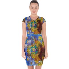 Sunflower Kaleidoscope Pattern Capsleeve Drawstring Dress 