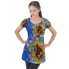 Sunflower Kaleidoscope Pattern Puff Sleeve Tunic Top