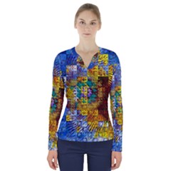 Sunflower Kaleidoscope Pattern V-neck Long Sleeve Top by Simbadda