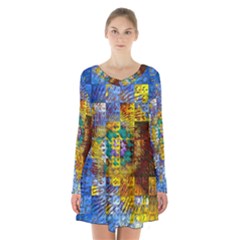 Sunflower Kaleidoscope Pattern Long Sleeve Velvet V-neck Dress