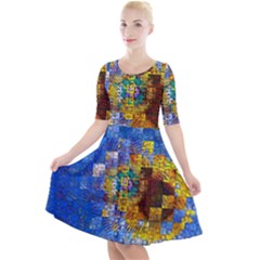 Sunflower Kaleidoscope Pattern Quarter Sleeve A-Line Dress