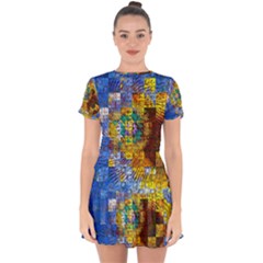 Sunflower Kaleidoscope Pattern Drop Hem Mini Chiffon Dress