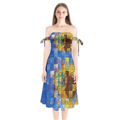 Sunflower Kaleidoscope Pattern Shoulder Tie Bardot Midi Dress