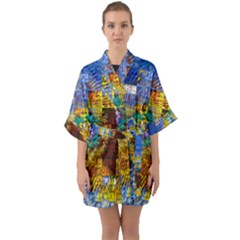 Sunflower Kaleidoscope Pattern Half Sleeve Satin Kimono 