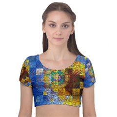 Sunflower Kaleidoscope Pattern Velvet Short Sleeve Crop Top 