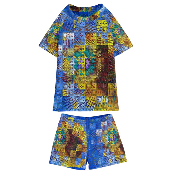 Sunflower Kaleidoscope Pattern Kids  Swim Tee and Shorts Set