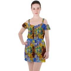 Sunflower Kaleidoscope Pattern Ruffle Cut Out Chiffon Playsuit