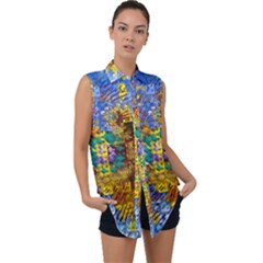 Sunflower Kaleidoscope Pattern Sleeveless Chiffon Button Shirt