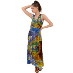 Sunflower Kaleidoscope Pattern V-Neck Chiffon Maxi Dress