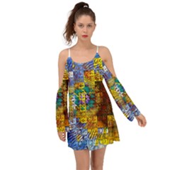 Sunflower Kaleidoscope Pattern Kimono Sleeves Boho Dress