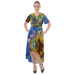 Sunflower Kaleidoscope Pattern Front Wrap High Low Dress