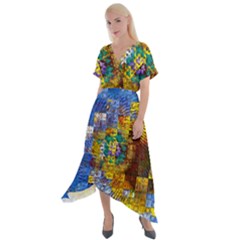 Sunflower Kaleidoscope Pattern Cross Front Sharkbite Hem Maxi Dress