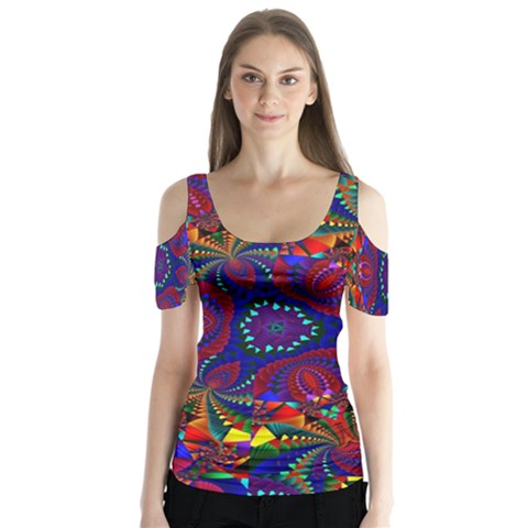 Kaleidoscope Pattern Ornament Butterfly Sleeve Cutout Tee  by Simbadda