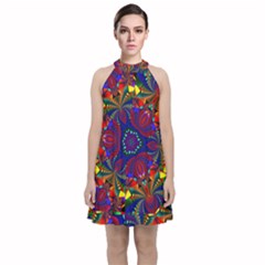 Kaleidoscope Pattern Ornament Velvet Halter Neckline Dress 