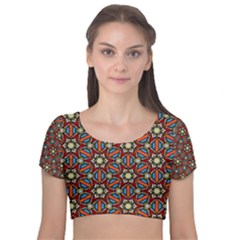 Pattern Stained Glass Church Velvet Short Sleeve Crop Top 