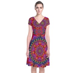 Kaleidoscope Pattern Ornament Short Sleeve Front Wrap Dress