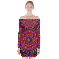 Kaleidoscope Pattern Ornament Long Sleeve Off Shoulder Dress