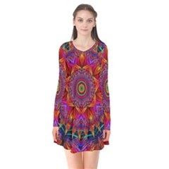 Kaleidoscope Pattern Ornament Long Sleeve V-neck Flare Dress