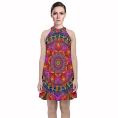 Kaleidoscope Pattern Ornament Velvet Halter Neckline Dress 