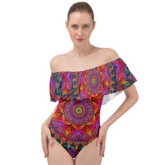 Kaleidoscope Pattern Ornament Off Shoulder Velour Bodysuit 