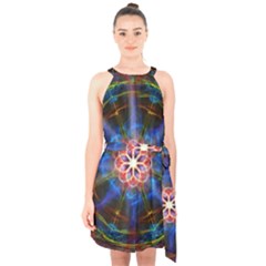 Mandala Pattern Kaleidoscope Halter Collar Waist Tie Chiffon Dress