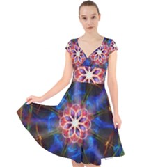 Mandala Pattern Kaleidoscope Cap Sleeve Front Wrap Midi Dress