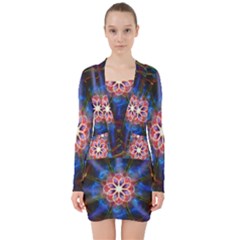 Mandala Pattern Kaleidoscope V-neck Bodycon Long Sleeve Dress by Simbadda