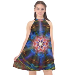 Mandala Pattern Kaleidoscope Halter Neckline Chiffon Dress 