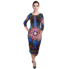 Mandala Pattern Kaleidoscope Quarter Sleeve Midi Velour Bodycon Dress