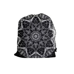 Black And White Pattern Monochrome Lighting Circle Neon Psychedelic Illustration Design Symmetry Drawstring Pouch (large) by Vaneshart