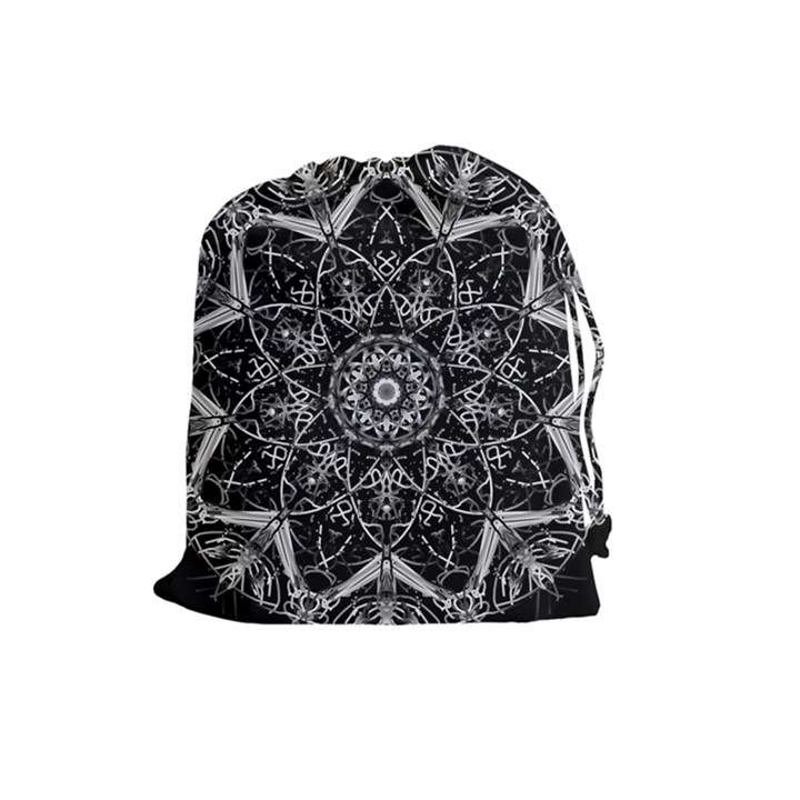 Black And White Pattern Monochrome Lighting Circle Neon Psychedelic Illustration Design Symmetry Drawstring Pouch (Large)