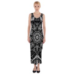 Black And White Pattern Monochrome Lighting Circle Neon Psychedelic Illustration Design Symmetry Fitted Maxi Dress by Vaneshart