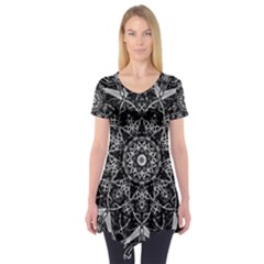 Black And White Pattern Monochrome Lighting Circle Neon Psychedelic Illustration Design Symmetry Short Sleeve Tunic  by Vaneshart