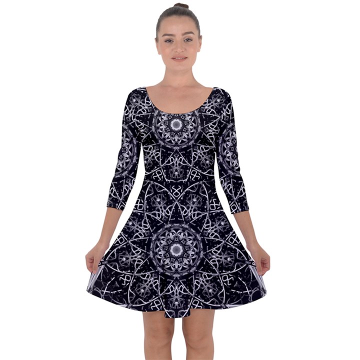 Black And White Pattern Monochrome Lighting Circle Neon Psychedelic Illustration Design Symmetry Quarter Sleeve Skater Dress