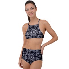 Black And White Pattern Monochrome Lighting Circle Neon Psychedelic Illustration Design Symmetry High Waist Tankini Set by Vaneshart