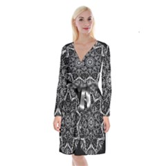 Black And White Pattern Monochrome Lighting Circle Neon Psychedelic Illustration Design Symmetry Long Sleeve Velvet Front Wrap Dress by Vaneshart