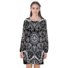 Black And White Pattern Monochrome Lighting Circle Neon Psychedelic Illustration Design Symmetry Long Sleeve Chiffon Shift Dress  by Vaneshart