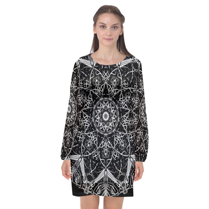 Black And White Pattern Monochrome Lighting Circle Neon Psychedelic Illustration Design Symmetry Long Sleeve Chiffon Shift Dress 