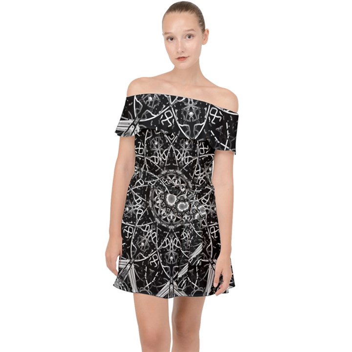 Black And White Pattern Monochrome Lighting Circle Neon Psychedelic Illustration Design Symmetry Off Shoulder Chiffon Dress