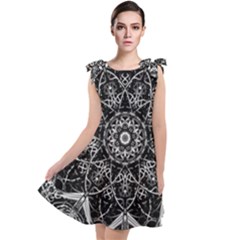 Black And White Pattern Monochrome Lighting Circle Neon Psychedelic Illustration Design Symmetry Tie Up Tunic Dress by Vaneshart