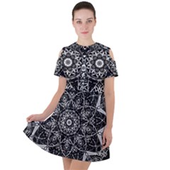 Black And White Pattern Monochrome Lighting Circle Neon Psychedelic Illustration Design Symmetry Short Sleeve Shoulder Cut Out Dress  by Vaneshart