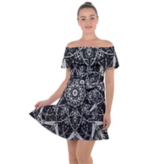 Black And White Pattern Monochrome Lighting Circle Neon Psychedelic Illustration Design Symmetry Off Shoulder Velour Dress by Vaneshart