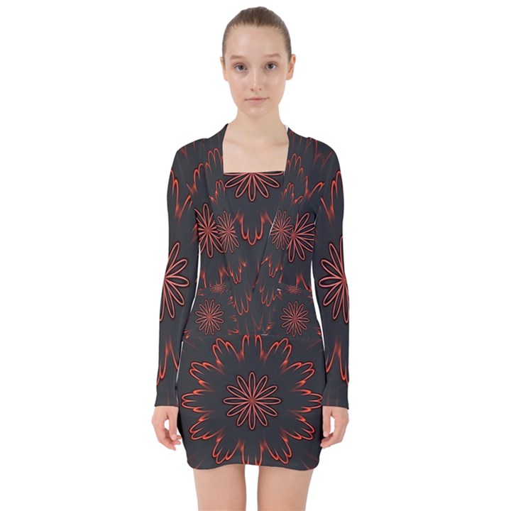 Abstract Glowing Flower Petal Pattern Red Circle Art Illustration Design Symmetry Digital Fantasy V-neck Bodycon Long Sleeve Dress