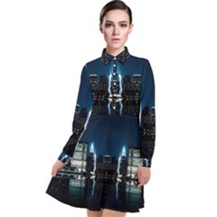 Night City Landscape Long Sleeve Chiffon Shirt Dress by Vaneshart