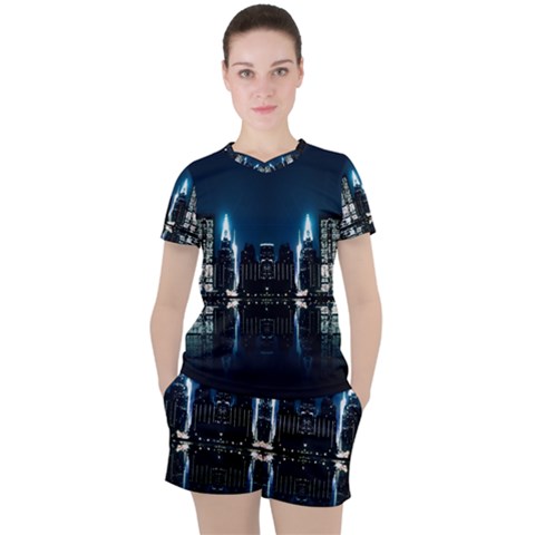 Night City Landscape Women s Tee And Shorts Set by Vaneshart