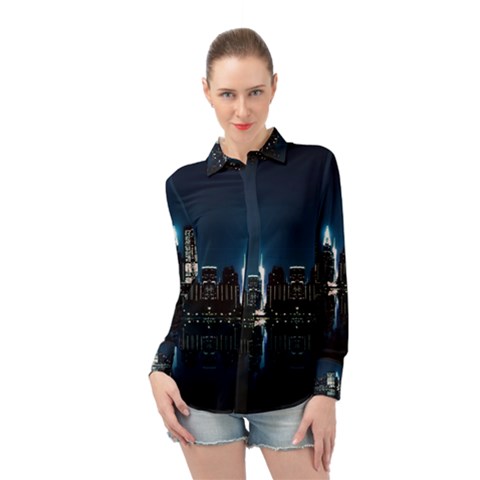 Night City Landscape Long Sleeve Chiffon Shirt by Vaneshart